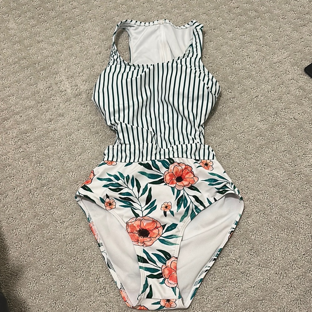 Striped and Floral One-Piece Swimsuit (S)